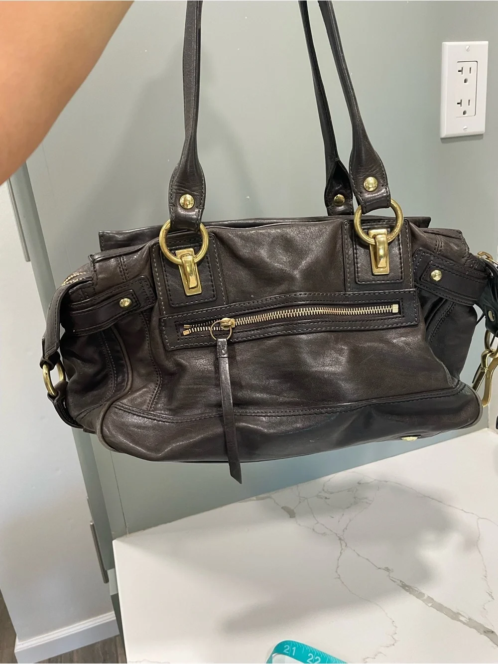 Coach Black Leather Handbag with Purple Lining